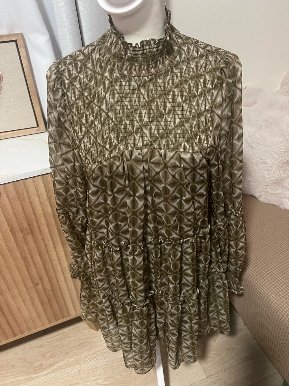 Olivaceous Olive-Tone Smocked Neck Long Sleeve Tiered Dress